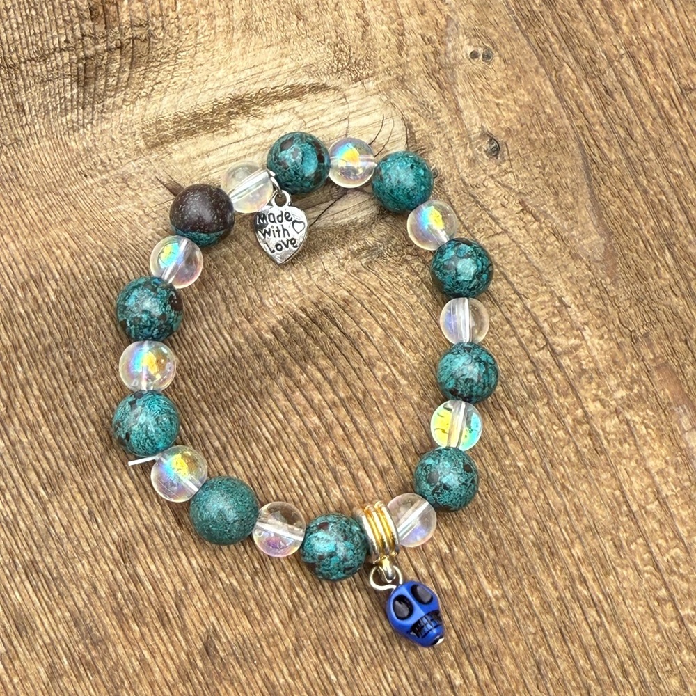 Chrysocolla and Blue Skull Beaded Bracelet